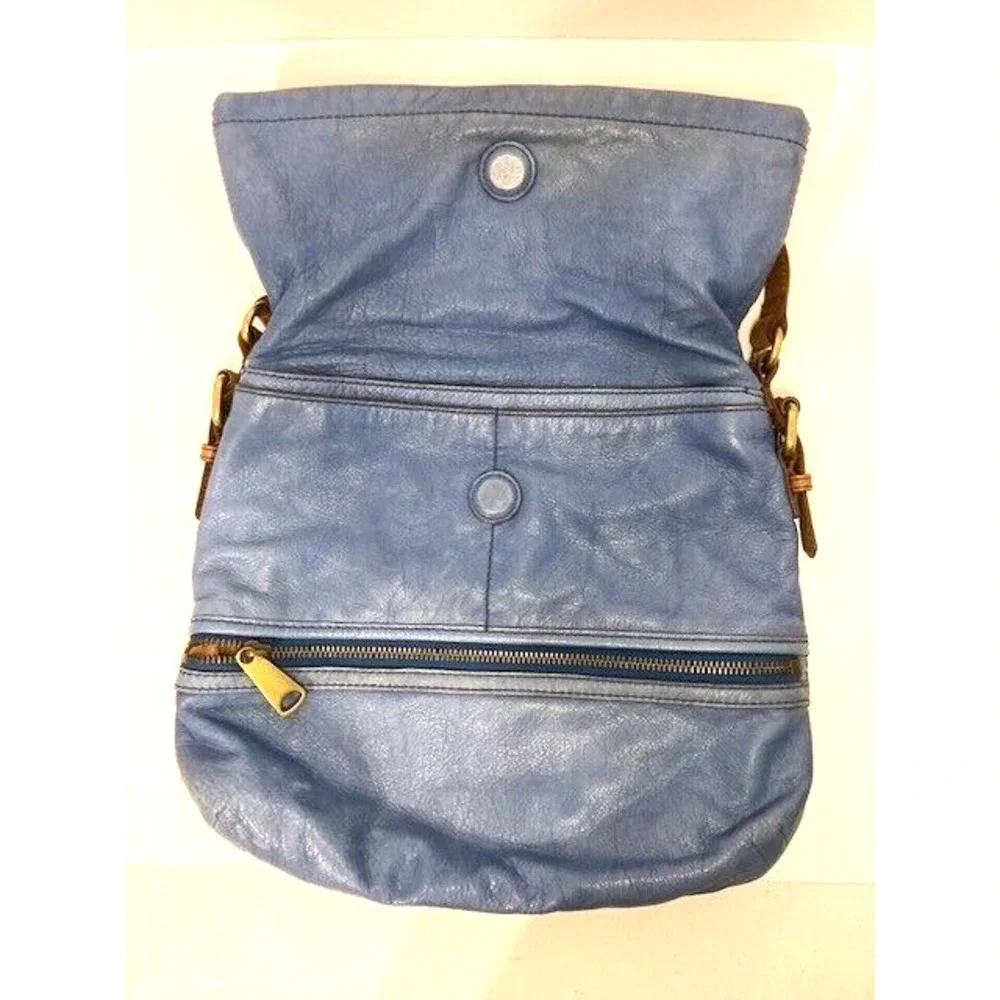 Vintage‎ Fossil Cowhide Leather Fold-Over Denim Blue Shoulder Bag Hobo